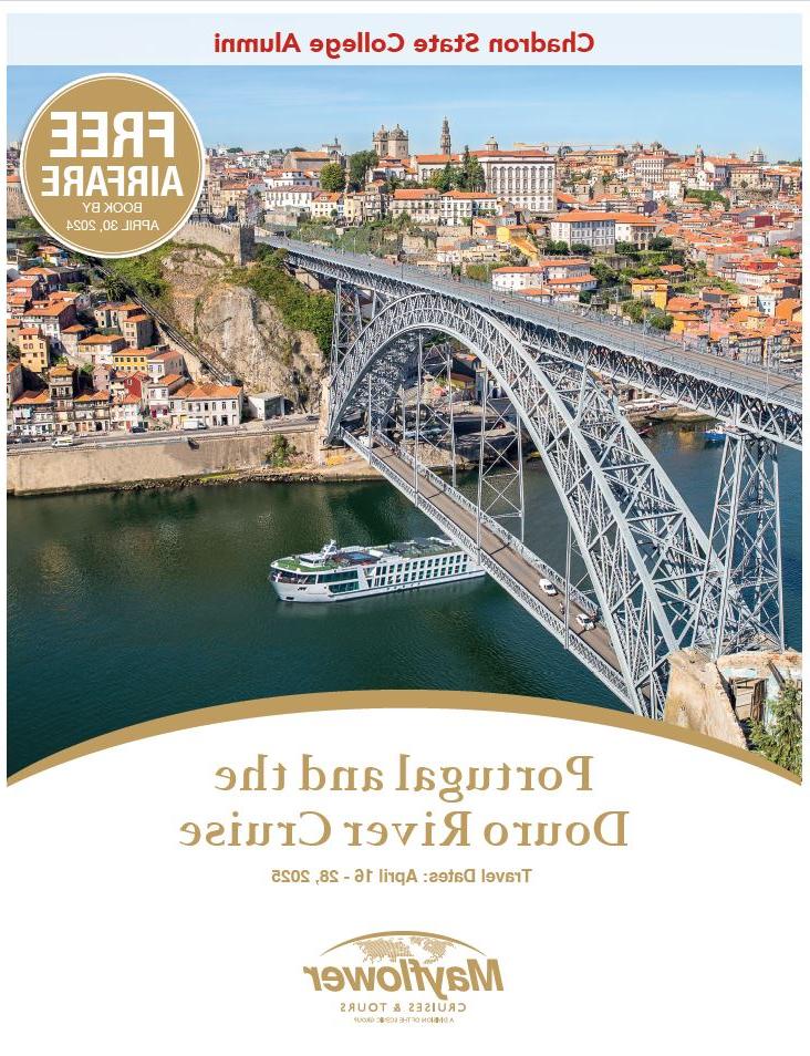 Portugal river cruise brochure image showing a city with a boat and a bridge and name of cruise